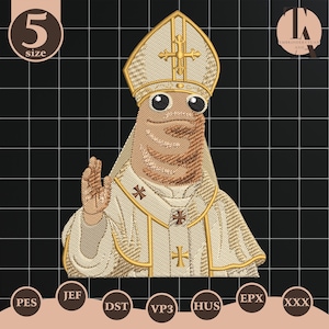 May include: An embroidered design of a frog in papal attire, including a white and gold mitre and vestments. The design includes the text "5 size" and various embroidery file format labels. The design is on a black background.