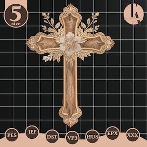 May include: A detailed gold-coloured cross design with floral and leaf accents. The cross features a central flower and intricate embroidery-like detailing. The image includes the text "5 size" and various file format labels.
