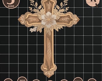 Religious Cross with Elegant Center Rose and Leafy Accents Embroidery File, Christian Faith Memorial Keepsake Pattern Embroidery Design