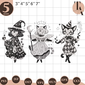 Pacchetto ricamo ragazza strega, file ricamo macchina gatto strega gotica, download digitale Halloween celeste