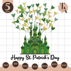 May include: A green castle with Mickey Mouse-shaped balloons in green and gold, with the text "Happy St. Patrick's Day". The design includes the number "5" and various file type icons.
