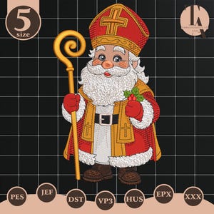 May include: An embroidered design of Saint Nicholas, wearing a red and gold bishop's mitre and robes, holding a golden staff and holly. The design includes the text "5 size" and various file format labels. The background is black.