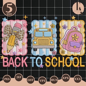 May include: An embroidery design featuring three rectangular frames with scalloped edges. The left frame shows a pencil with a leopard print bow, the center a yellow school bus, and the right a pink backpack. The text BACK TO SCHOOL is below.