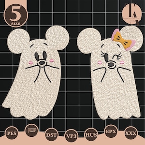 May include: Two embroidered ghost designs, one with a bow, in a cartoon style. The ghosts have large round ears, black eyes, and pink cheeks. The background is black with a grid pattern. The image includes the text "5 size" and various file type abbreviations.