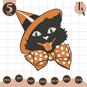 May include: An embroidered design of a black cat wearing a witch's hat and a polka-dot bow tie. The cat has green eyes and a wide grin, perfect for Halloween-themed projects. The design is labeled with the size "5".