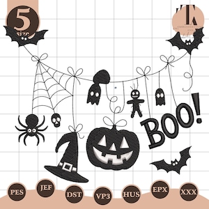 May include: A black machine embroidery design featuring a Halloween bunting with bats, a spider web, a spider, a skull, a ghost, a voodoo doll, a witch hat, a jack-o'-lantern, and the text BOO! arranged on a grid background with file formats.