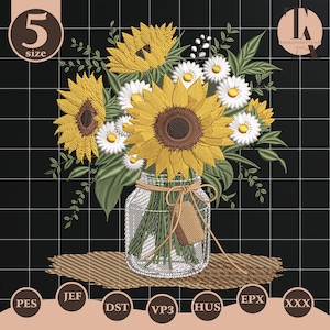 Peut inclure: Motif brodé de tournesols et de marguerites dans un bocal en verre, avec une étiquette. Les fleurs sont jaunes et blanches avec des feuilles vertes. Le bocal est noué avec de la ficelle et repose sur un tapis tissé. Le texte "5 size" est inclus.