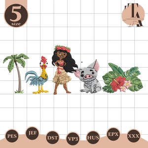 Puede incluir: Un diseño de bordado con personajes de una popular película de animación. El diseño incluye una palmera, un gallo, una niña, un cerdo y flores tropicales. El diseño está en una cuadrícula con el número "5" y etiquetas de tipo de archivo.