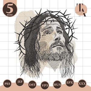 Puede incluir: Un diseño bordado de Jesús con una corona de espinas. La imagen es en blanco y negro, con una representación detallada de la cara y la barba. El diseño incluye el texto "5 size" y varias etiquetas de formato de archivo.