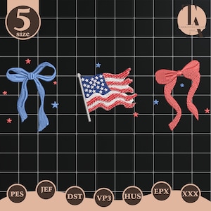May include: Embroidery designs featuring a blue bow, a red bow, and an American flag with red and white stripes and blue stars. The designs are surrounded by small red and blue stars on a black grid background. The size is indicated as 5.