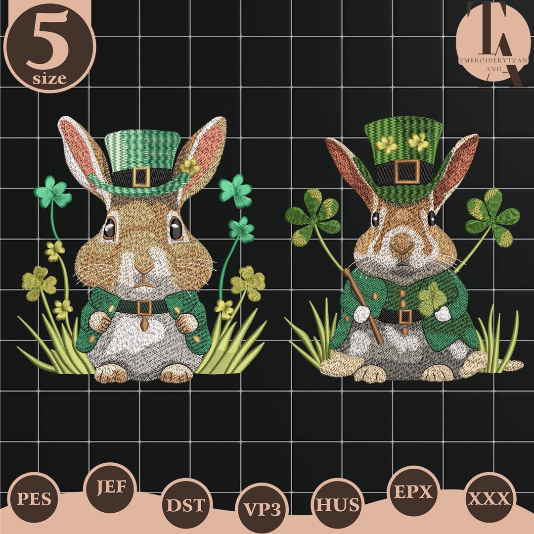 Shamrock Rabbit St Patrick Bunny Embroidery File, Leprechaun Rabbit Embroidery Design ...