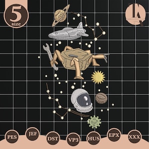 May include: An embroidered design featuring space-themed elements on a black background. The design includes a planet, a spaceship, a robot, a sun, an astronaut helmet, and a constellation. The number "5" is in the upper left corner.