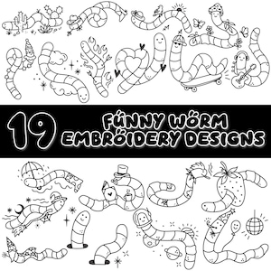 Funny Worm Embroidery Designs Bundle, Cute Happy Worm Machine Embroidery, Worm Lover Embroidery Files