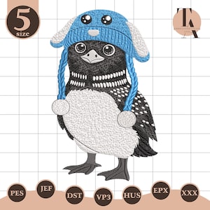 May include: An embroidered design of a bird wearing a blue bunny hat with ear flaps and a blue braided chin strap. The bird has black and white feathers and a white chest. The number 5 and the word "size" are in the upper left corner.