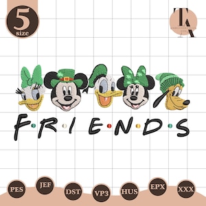 May include: An embroidered design featuring Disney characters Daisy Duck, Mickey Mouse, Donald Duck, Minnie Mouse, and Pluto. The word "FRIENDS" is embroidered below the characters. The design includes a size indicator.