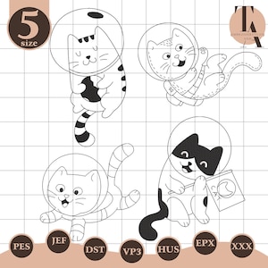 Bundle Cute Cat Astronaut Embroidery Designs, Space Adventure Machine Embroidery, Cat In Space Embroidery Files