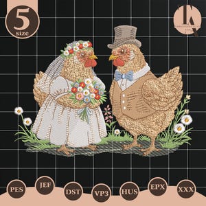 May include: An embroidered design featuring two chickens dressed for a wedding. The bride chicken wears a white dress and flower crown, holding a bouquet. The groom chicken wears a suit and top hat. The design includes the text "EMBROIDERY TUAN AND".