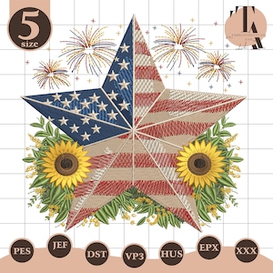 May include: Embroidered star design featuring the American flag, sunflowers, and fireworks. The star is blue and red with white stars and stripes. Two sunflowers are on the bottom. The design is surrounded by green leaves and yellow flowers. The size is 5.