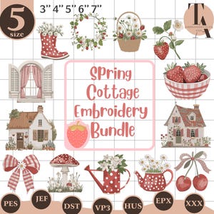 Puede incluir: Una colección de diseños de bordado con temática primaveral. Los diseños incluyen una bota de agua roja con lunares llena de flores blancas, una corona floral, una cesta de margaritas, fresas, una ventana con cortinas rosas, una cabaña y una regadera.