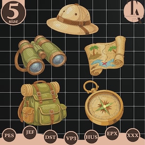 Safari Adventure Embroidery Design Bundle, Camping Explorer Embroidery File, Travel Map Hat Compass Machine Embroidery
