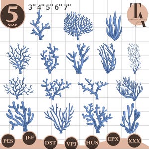 Puede incluir: Una colección de diseños de bordado de coral azul en varios tamaños, que van desde 7,6 cm hasta 17,8 cm. Los diseños incluyen diferentes formas y estilos de coral, perfectos para manualidades o proyectos decorativos. La imagen también incluye abreviaturas de tipos de archivo.