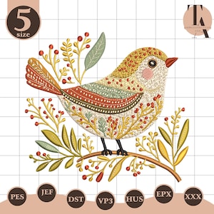Puede incluir: Un diseño de pájaro bordado con un patrón detallado en tonos amarillos, rojos, verdes y marrones, posado en una rama con hojas y bayas. El diseño incluye el número 5 y varios iconos de tipo de archivo.