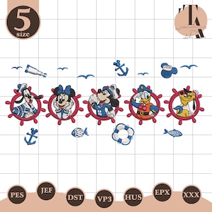 May include: A nautical-themed embroidery design featuring cartoon characters in sailor outfits. The design includes Mickey Mouse, Minnie Mouse, Donald Duck, Goofy, and Pluto, each at a ship's wheel. Additional elements include anchors, fish, and a life preserver.