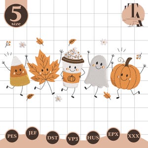 May include: An embroidery design featuring five cute, anthropomorphic autumn characters: a candy corn, a maple leaf, a coffee cup with whipped cream, a ghost, and a pumpkin. Each character has a smiling face, thin arms, and legs. Small leaves and flowers are scattered around the figures on a white grid background.