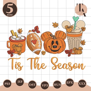 May include: An embroidered design featuring a pumpkin-shaped character, a football, a mug of hot chocolate, and a fall-themed drink. The text "Tis The Season" is displayed in a decorative font. The design includes fall leaves and pumpkins.