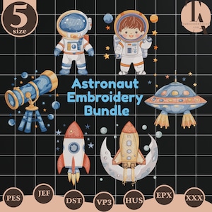 May include: An embroidery bundle featuring astronaut-themed designs. The image includes two astronauts, a telescope, a UFO, and two rockets. The text "Astronaut Embroidery Bundle" is displayed in blue. The background is black with a grid pattern.