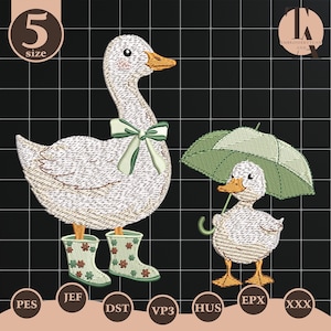 May include: An embroidered design featuring a large goose wearing green boots and a bow, and a smaller duckling holding a green umbrella. The design is in shades of white, green, and brown, with the number 5 in a circle in the upper left corner.