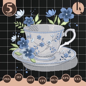 May include: Embroidered teacup and saucer design with blue floral accents. The teacup and saucer are light gray with blue floral embroidery. The background is black with a grid pattern. The design includes the text "5 size".