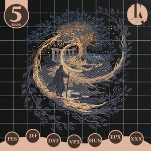 May include: An embroidered design featuring a figure with a staff, standing before a tree and ancient ruins, enclosed within a crescent of foliage. The design is in shades of gold, blue, and black, with the number "5" and various file type labels.