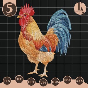 May include: An embroidered rooster in vivid colours. The rooster has a red comb and wattle, a yellow beak, and a body with orange, yellow, and blue hues. The background is black with a grid pattern. The number 5 and the word "size" are in the upper left.