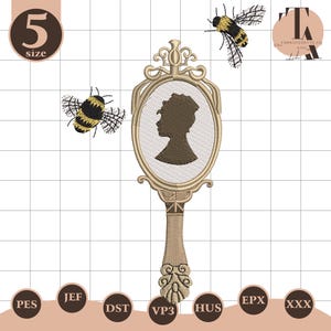 May include: An embroidered design featuring a hand mirror with a silhouette of a person, surrounded by two bees. The mirror is gold-colored with a detailed handle. The design includes the number 5 and various embroidery file formats.