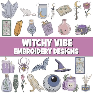 May include: A selection of embroidery designs with a witchy theme. The image shows illustrations of crystals, a rat, potion bottles, a spider, a bat, a witch's hat, and the text "Witchy Vibe Embroidery Designs".