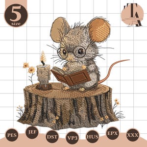 Può includere: Un disegno per ricamo raffigurante un topo marrone con occhiali tondi che legge un libro marrone, seduto su un ceppo d'albero accanto a una candela accesa. Piccoli fiori gialli sono visibili vicino al ceppo. Il disegno include etichette di testo.