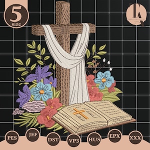 May include: An embroidered design featuring a wooden cross draped with a white cloth, surrounded by colorful flowers and greenery. An open book with a golden cross is at the bottom. The design includes the text "Embroidery Tuan and" and the number "5 size".