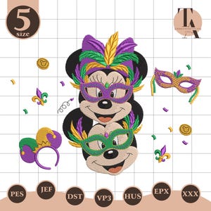 May include: An embroidery design featuring two smiling cartoon characters wearing Mardi Gras masks and feathered headpieces. Additional elements include a mask, coins, and a jester hat. The design is in shades of purple, green, gold, and black.