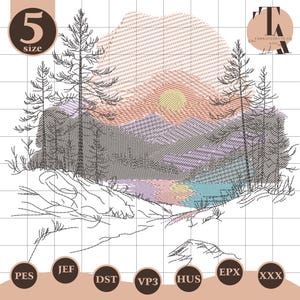 May include: An embroidered landscape design featuring a mountain range, trees, and a setting sun. The design includes the text "5 size" and various file format labels. The color palette includes shades of gray, purple, orange, and yellow.