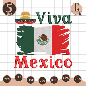 May include: An embroidered design featuring the Mexican flag with the words "Viva Mexico" in green and red. A sombrero is above the flag. The design includes the word "Mexico" in red.