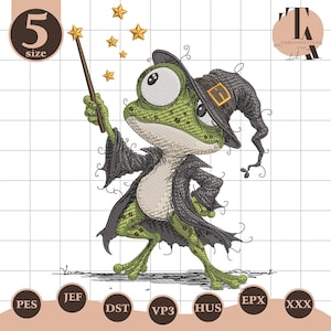 Witch Frog Embroidery Design, Halloween Wizard Embroidery File, Cute Frog Magic Wand, Spooky Season Gift, Toad Witch Hat Design