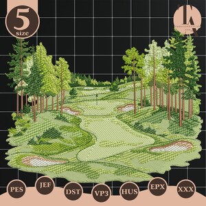 Könnte beinhalten: Gesticktes Golfplatzdesign mit grünen Fairways, Bäumen und Sandfallen. Das Design enthält den Text "5 size" und Stickdateiformat-Labels. Der Hintergrund ist schwarz.