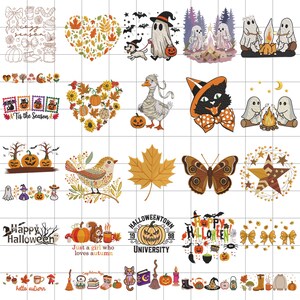 Peut inclure: Une grille de divers motifs sur le thème d'Halloween et de l'automne. Les images comprennent des citrouilles, des fantômes, des chauves-souris, des feuilles et le texte "Happy Halloween", "Tis the Season" et "Halloweentown University". Les couleurs sont l'orange, le noir et le marron.
