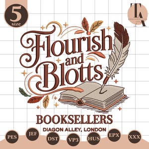 May include: An embroidered design featuring the text "Flourish and Blotts" above an open book with a quill pen. The design includes the words "Booksellers, Diagon Alley, London" and is surrounded by decorative elements and the number "5".