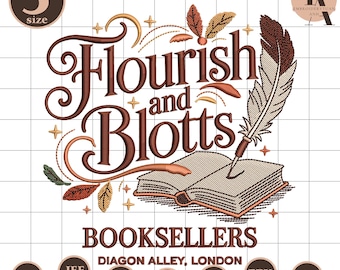 Broderimönster med Flourish och Blotts, häxestetisk maskinbroderi, broderifiler med Magic Book Club