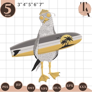 May include: A cartoon seagull wearing sunglasses and a hat, holding a surfboard. The surfboard has a yellow and gray design with a palm tree silhouette. The image is labeled with sizes from 3" to 7".