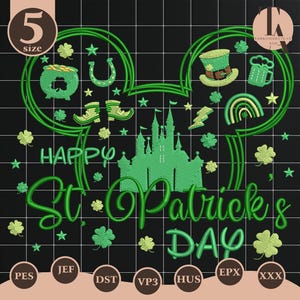 Magic Mouse Ears St. Patrick's Day Embroidery Design, Lucky Shamrock Castle Pattern, Irish Holiday Machine Embroidery File