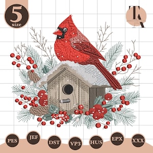 May include: An embroidered design featuring a vibrant red cardinal perched atop a wooden birdhouse. The birdhouse is surrounded by green pine needles, red berries, and delicate branches. The design includes the text "5 size" and various file format labels.
