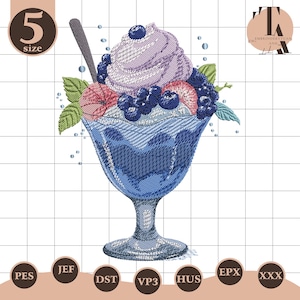 Diseño de bordado de helado de frutos rojos, archivo de bordado de postre sundae, diseño de dulce de fresa y arándano, regalo de verano